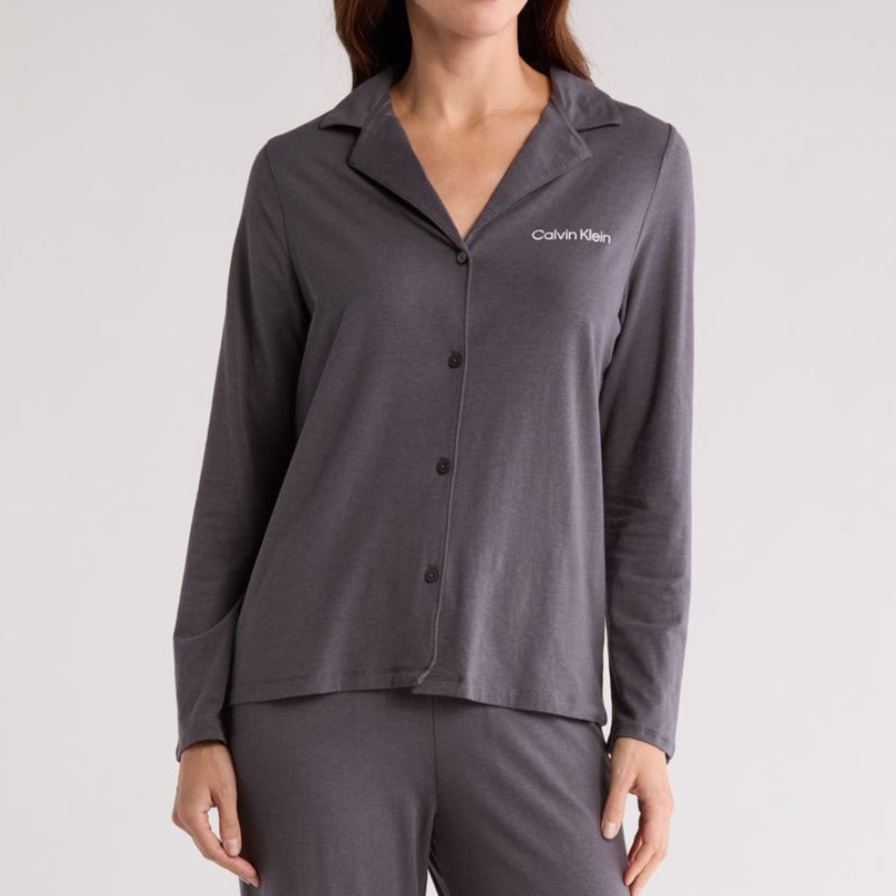 Calvin Klein Logo Long-Sleeve Cotton Modal Pajama Shirt in Ashford Grey - S